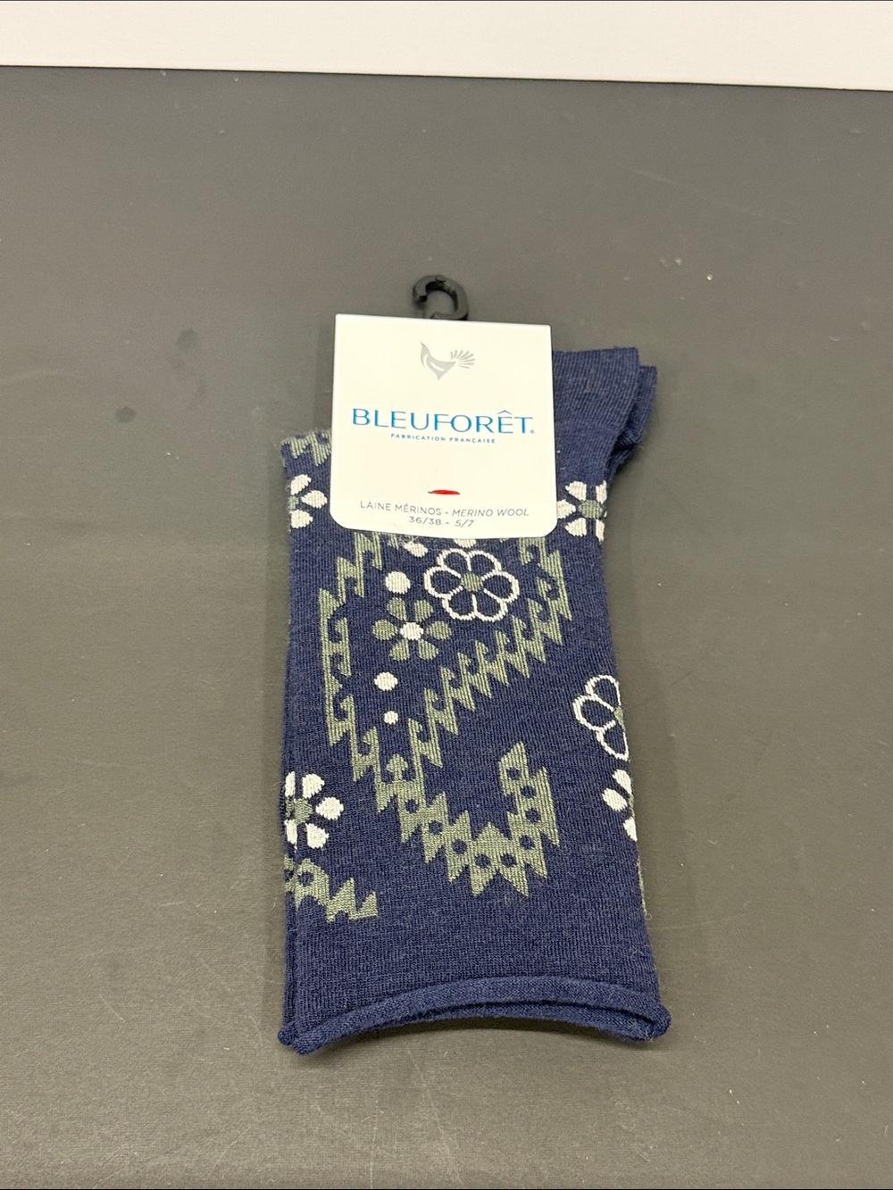 Women’s Navy Floral Merino Wool Roll Top Socks